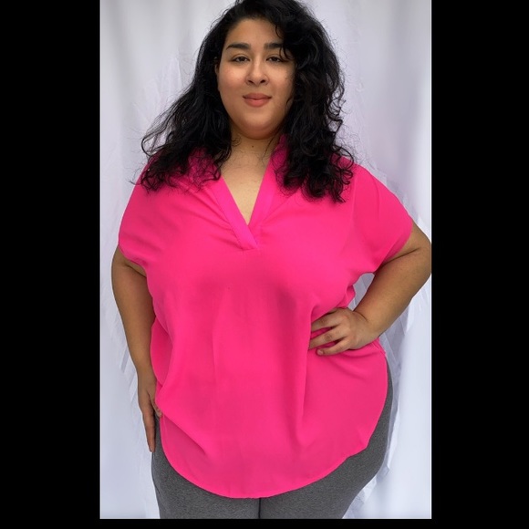 New with Tags Neon Pink Plus size v neck shirt blouse - Picture 1 of 8